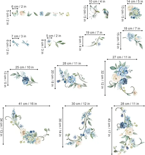 Vista 5 de wondever Calcomanías de pared con diseño de flores y vides, acuarela de rosas azules, calcomanías de arte de pared para dormitorio, sala de estar