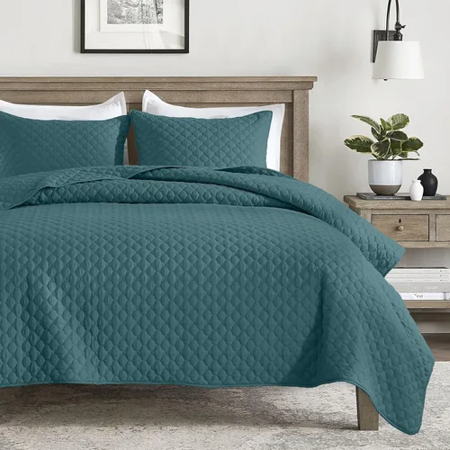 Vista 26 de HORIMOTE HOME Juego de Edredón Tamaño Queen Azul Acero - Colcha de Microfibra Suave con 2 Fundas, Cobertor Geométrico Ligero y para Todas