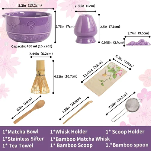 Vista 2 de Juego de Matcha, Kit de 8 Piezas de Tazón y Batidor de Cerámica con Patrón de Setas, Chawan Japonés Tradicional, Chasen de Bambú, Cuchara y Tamiz