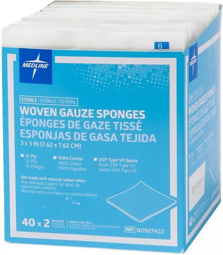 Vista 3 de Medline Esponjas de gasa tejida 100% algodón estéril, 3 x 3 pulgadas, 12 capas, ideales para vendaje de heridas y limpieza general, 2 paquetes