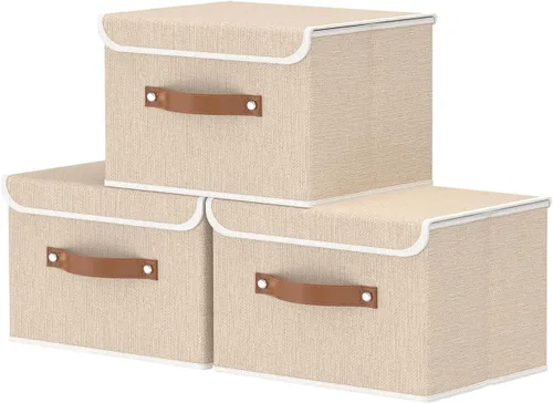 Vista 19 de OUTBROS Cajas de almacenamiento, contenedores de almacenamiento plegables con tapas, cestas de almacenamiento de tela de algodón y lino con asa