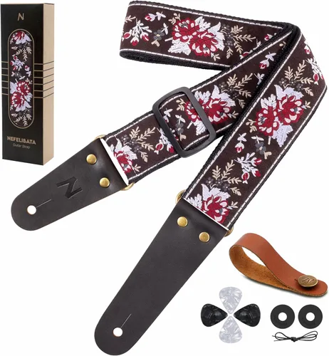 Vista 16 de Nefelibata Correa de guitarra, correas de guitarra de algodón bordadas con extremos de cuero de vaca para bajo, guitarras eléctricas y acústicas