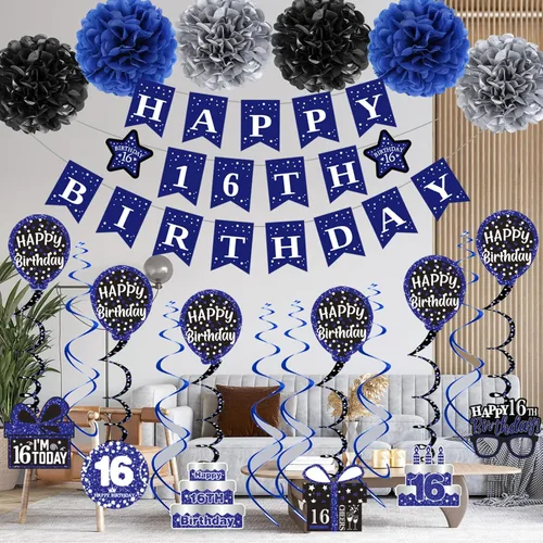 Vista 6 de Decoraciones de cumpleaños número 16 para niños y niñas, pancarta azul de feliz cumpleaños número 16, decoración de fiesta de dieciséis cumpleaños