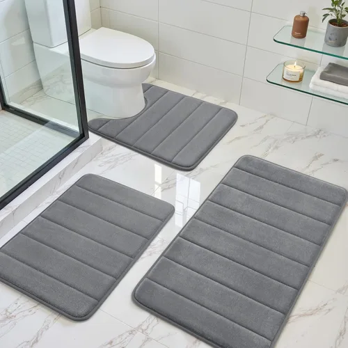 Vista 18 de BYSURE Juego de 3 tapetes de baño de espuma viscoelástica color beige, antideslizantes, extra suaves, absorbentes, lavables a máquina y secos