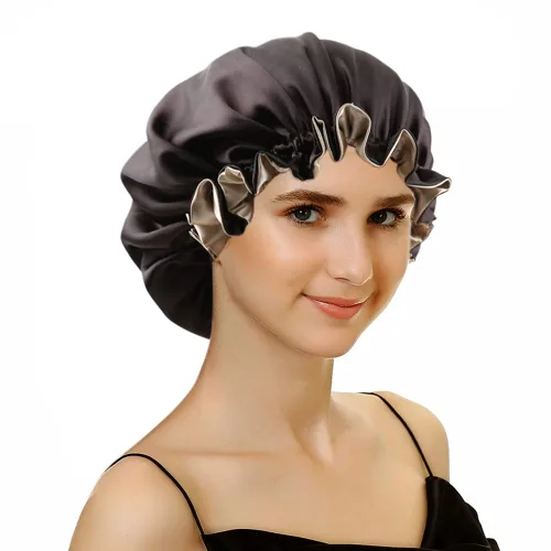 Vista 7 de Gorro de satén para mujer, gorro de dormir grande para cabello largo y rizado, gorra de noche ajustable (doble capa negro/champán)