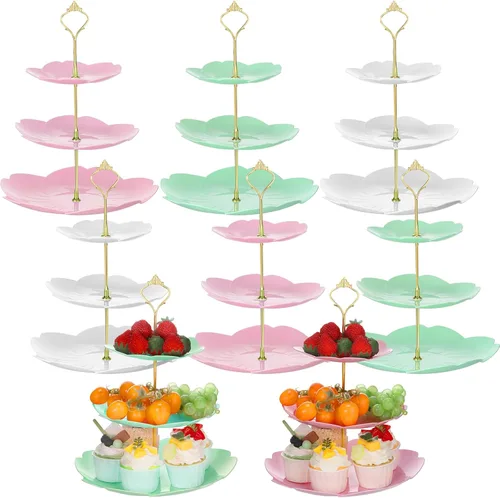 Vista 13 de 6 juegos de decoraciones de fiesta de té de 3 niveles de plástico para cupcakes, platos de postre, torta de frutas y dulces, torre de exhibición