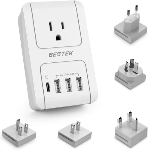 BESTEK Adaptador de viaje universal, adaptador de corriente internacional con 1 tomacorrientes, 4 puertos de carga USB (1 USB C PD 35W), enchufes