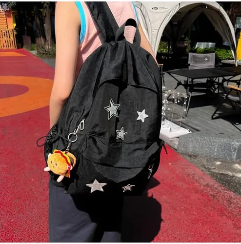 Vista 5 de Mochila Kawaii con bonitos accesorios, patrones de estrellas y material de nailon duradero, Negro 1, Kawaii