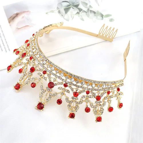 Vista 3 de NODG Tiaras y coronas doradas para mujer, diadema de cumpleaños para niñas, coronas de reina de cristal rojo, accesorios para el cabello para novia