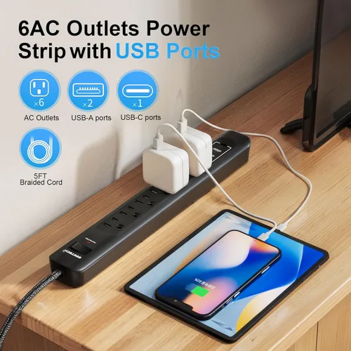 Vista 5 de Paquete de 2 protectores de sobretensiones de regleta de alimentación – Cable de extensión de 5 pies con 6 salidas con 3 puertos USB
