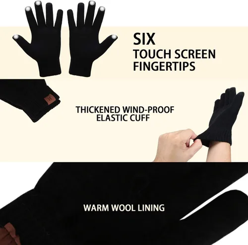 Vista 4 de Conjunto de guantes de invierno con pantalla táctil para gorro de invierno, suave con diseño de calavera para hombres y mujeres con forro polar