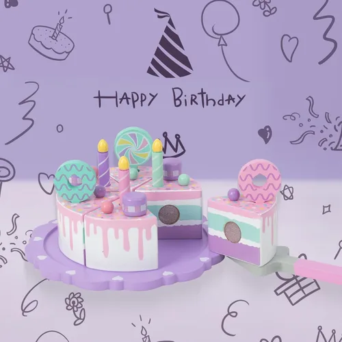 Vista 6 de Juguetes de pastel para niños pequeños de 2 a 5 años, juguete de comida de madera para jugar a fingir, pastel de cumpleaños falso, juguete de cocina