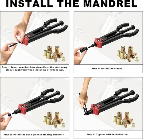 Vista 4 de WETOLS Herramienta de tuerca remachadora de 17 pulgadas, kit de herramientas de remache manual con 11 mandriles métricos y SAE M3 M4 M5 M6 M8 M10