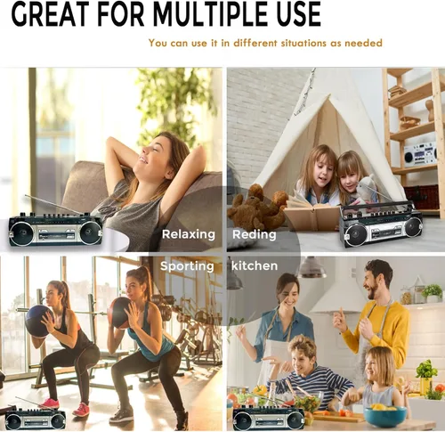 Vista 6 de Retro Boombox, Convertir Casetes a USB/SD, Grabador de Radio Cassette, Ranuras USB/Micro SD, Conector para auriculares, Micrófono incorporado, Negro