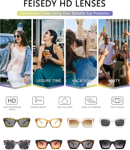 Vista 6 de FEISEDY Gafas de sol clásicas para mujer, gafas de sol cuadradas gruesas, marco grueso, UV400 B2471