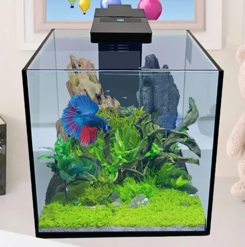 Vista 3 de Level One Pets Mini Betta de 3 galones, kit de acuario de peces pequeños, incluye filtro sumergible Duo 2 en 1 con luz LED