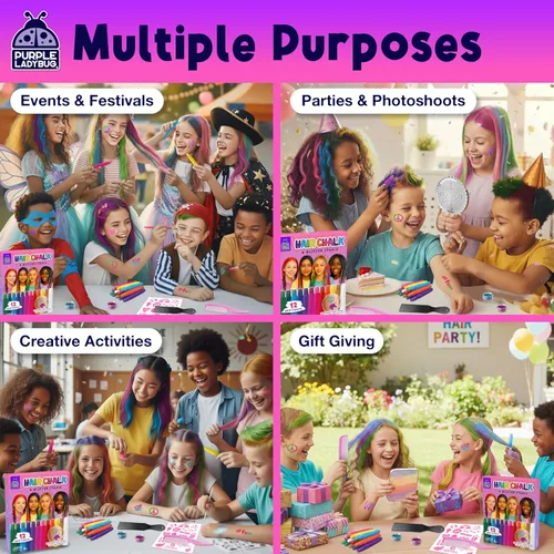 Vista 7 de PURPLE LADYBUG Tiza para el cabello para niñas, tinte lavable, regalos para niños de 8-12, 6-8, regalo de cumpleaños para niñas de 6, 7, 8, 9, 10