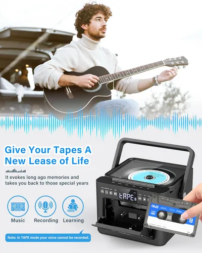 Vista 2 de Greadio Boombox - Combo de reproductor de CD y cassette, reproductor de CD recargable de 5000 mAh con Bluetooth de recepción/transmisión/radio