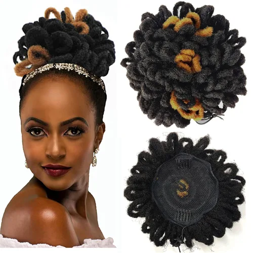 Vista 19 de DreadLock Moño 10" Moño de Pétalos Loc Afro High Puff Cola de Caballo con Cordón Peluca Locs Falsos Sintéticos Moño de Cabello Cola de Caballo