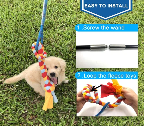 Vista 6 de Juguete interactivo de poste de coqueteo para perros, persecución y tira y afloja, varita teaser duradera con cuerda de forro polar para mascotas
