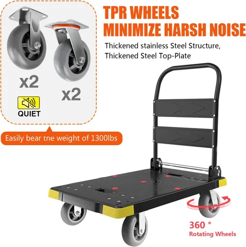 Vista 2 de Carretilla plegable con plataforma de empuje de 1300LBS, carretilla portátil resistente para mudanzas con ruedas giratorias de 360 grados de 6