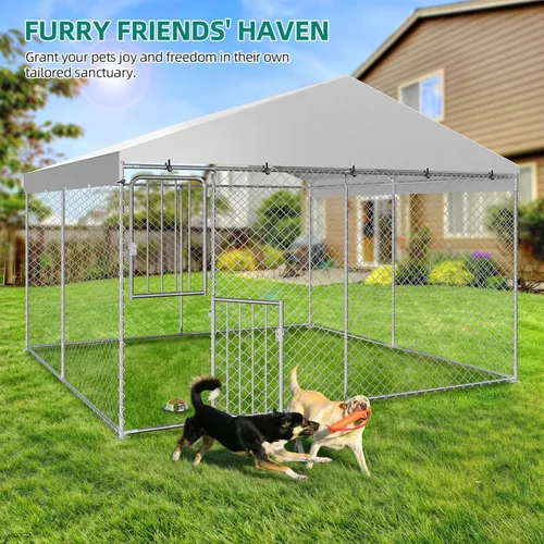 Vista 3 de YITAHOME Perrera grande para perros al aire libre de 9.8 x 9.8 x 7.1 pies, corral grande para perros con cubierta de techo impermeable resistente a