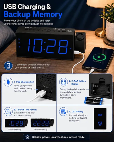 Vista 6 de OnLyee Reloj despertador de proyección para dormitorio, LED digital en techo y pared con carga USB para teléfono, respaldo de batería, proyector