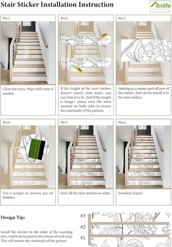Vista 6 de Funlife - 15 adhesivos de vinilo desmontables para escaleras, autoadhesivos e impermeables, para peldaños de escaleras, 39.37"x7.09" Flores Flores