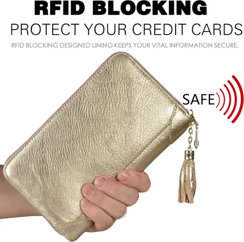 Vista 4 de Easyoulife - Monedero de cuero con cremallera, billetera portatarjetas para mujer, bloqueo RFID