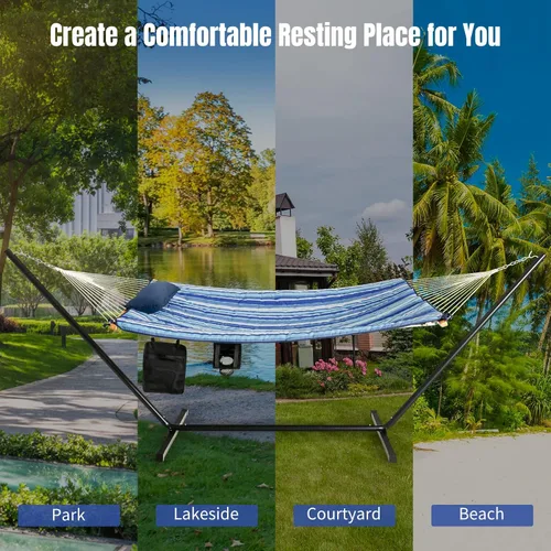 Vista 8 de Tangkula Hamaca doble con soporte, hamaca de acero para 2 personas de 12 pies con hamaca de algodón, almohada, portavasos, bolsa de transporte