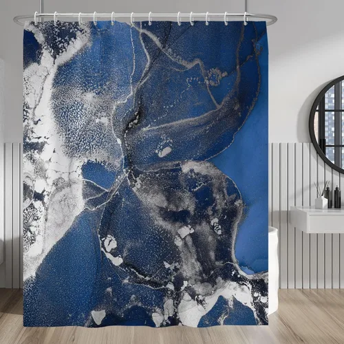 Vista 67 de Baocicco Cortina de ducha de mármol azul abstracto a rayas, decorativa, textura de lujo, línea moderna, decoración de acuarela, juego de cortinas