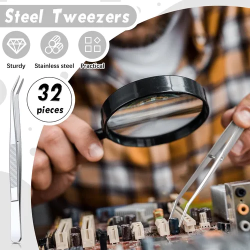 Vista 5 de Honoson 32 pinzas de acero inoxidable para manualidades con punta dentada curvada, pinzas multiusos para máquina de coser, pinzas a granel (plateado)