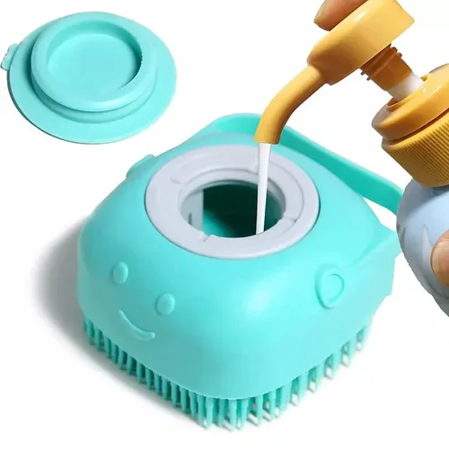 Vista 5 de Cepillo de baño para perros y gatos, hecho de silicona suave, cepillo de masaje para mascotas, con dispensador de champú, adecuado para perros
