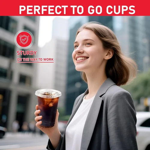 Vista 7 de Vasos de plástico con tapas de 16 onzas, paquete de 100 tazas de café helado desechables transparentes con tapas para sorber sin pajilla, taza