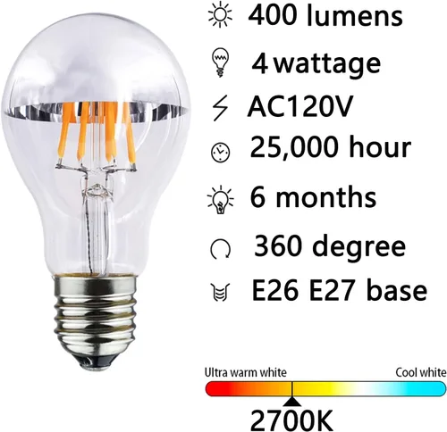 Vista 5 de Bombilla LED A19 con punta plateada de 4 W, media bombilla cromada, equivalente a 40 W, bombilla LED Edison vintage blanca cálida de 2700 K, base