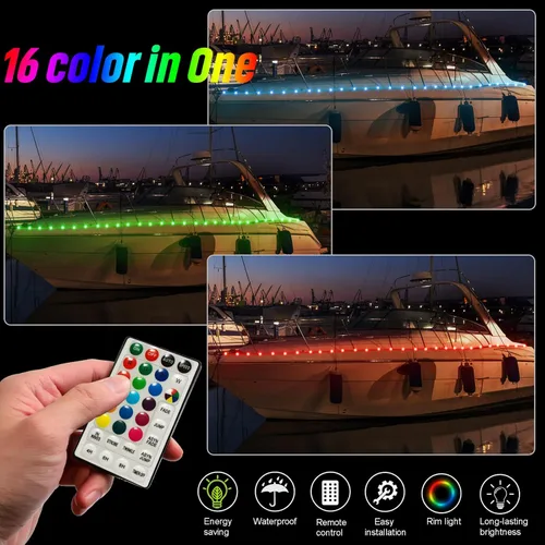 Vista 2 de Tira de luces LED para barco, luces de barco de control remoto de 16.4 pies, 16 cambios de color, luz interior de barco impermeable, luz de cubierta