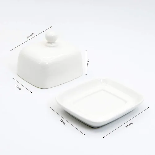 Vista 4 de NAGU Mantequillera rectangular pequeña con tapa, plato de queso blanco abovedado de procelain con asa, mini bandeja de mantequilla para servir