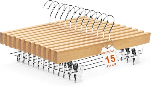 Vista 10 de HOUSE DAY Perchas de madera para pantalones con clips, paquete de 10 Natural