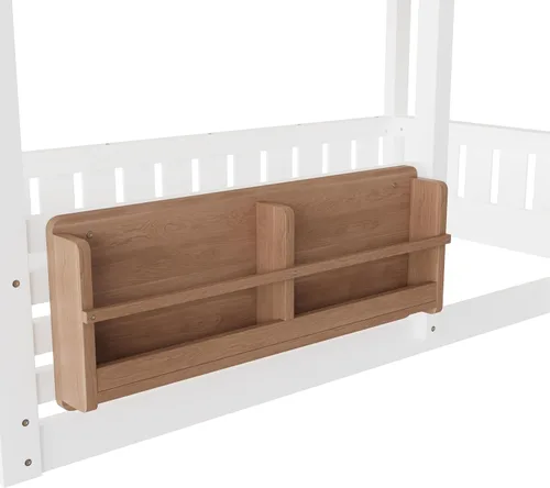 Vista 8 de Cama de casa de tamaño individual con elegantes ventanas y estantería, litera con diseño de castillo de madera con barandillas de seguridad