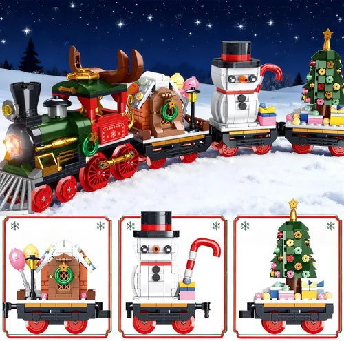 Vista 3 de Juego de juguetes de construcción de tren de Navidad con luz LED - Modelo de 868 piezas con varillas de acoplamiento móviles y ruedas funcionales
