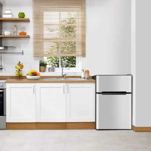 Vista 3 de Mini refrigerador con congelador, refrigerador compacto de 3.2 pies cúbicos, refrigerador de doble puerta con temperatura ajustable y estantes
