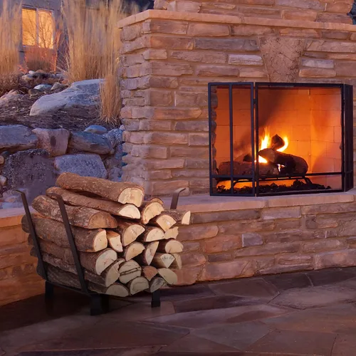 Vista 6 de MFSTUDIO Estante de leña para exteriores e interiores, patas arqueadas de hierro, estantes de almacenamiento de madera de fuego resistentes