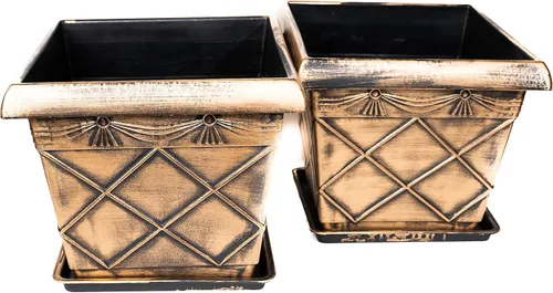 Maceta cuadrada rústica de plástico de 12 pulgadas (juego de 2 macetas + 2 bandejas a juego), maceta para habitación del bebé, para interiores y