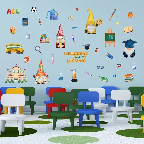 Vista 4 de ALIBBON Calcomanías de pared de bienvenida de regreso a la escuela para aula, calcomanías de gnomo para niños, calcomanías de primer día de escuela