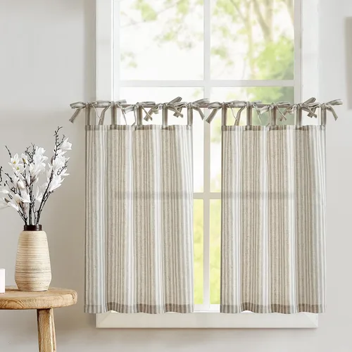Vista 49 de jinchan - Cortinas de lino a rayas para cocina de 20 pulgadas de largo, cortinas de varios niveles, estilo granja moderna de café, tratamientos