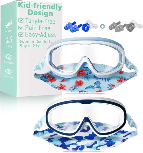Pixel Panda 2 Pack Kids Swim Goggles with Fabric Strap for 6-14, Anti-Fog Anti-UV No Hair Pulling Wide View Swimming Goggles