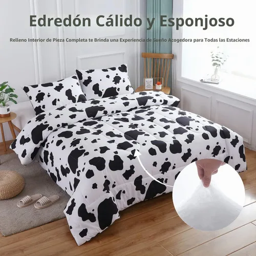 Vista 6 de PERFEMET Juego de ropa de cama con estampado de vaca marrón y beige, juego de edredón de 3 piezas de piel de vaca de dibujos animados para niños