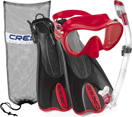 Cressi Juego de esnórquel para adultos, máscara F1 + esnórquel seco supernova + aletas Palau SAF, juego de esnórquel, diseñado en Italia Rojo
