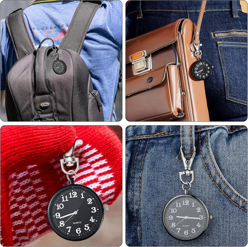 Vista 2 de Junkin Reloj de bolsillo de cuarzo de 2 piezas con hebilla de llave redonda llavero clip en reloj portátil unisex