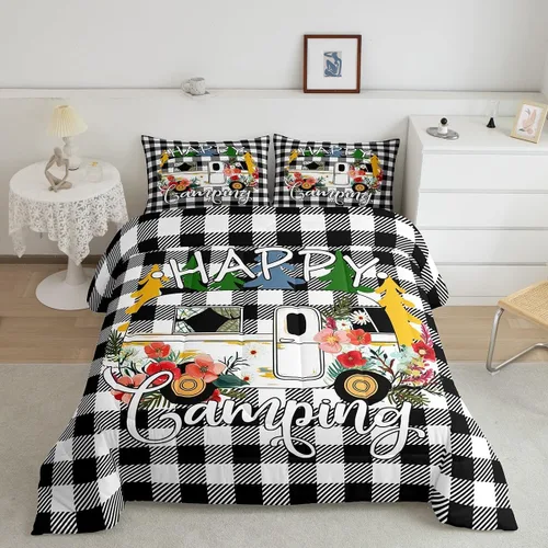 Vista 10 de Erosebridal Juego de edredón de cabaña de cabaña, juego de ropa de cama individual para niños, edredón de campamento con temática de campamento